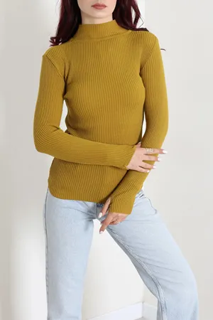 Kadın Dik Yaka Parmak Geçmeli Triko Body Yağyeşili