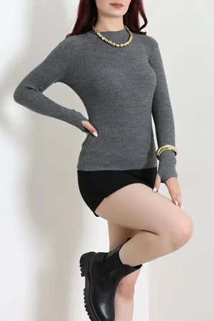 Kadın Dik Yaka Parmak Geçmeli Triko Body Antrasit