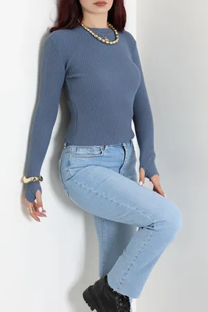 Kadın Bisiklet Yaka Parmak Geçmeli Triko Body İndigo