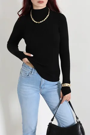 Kadın Dik Yaka Parmak Geçmeli Triko Body Siyah