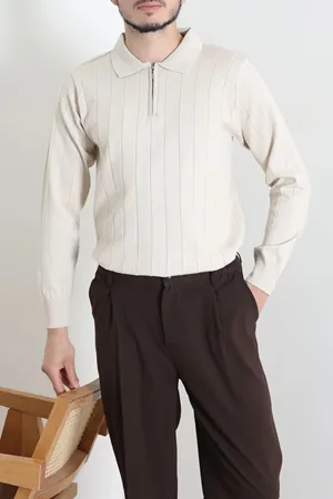 Polo Yaka Yarım Fermuarlı Erkek Triko Taş