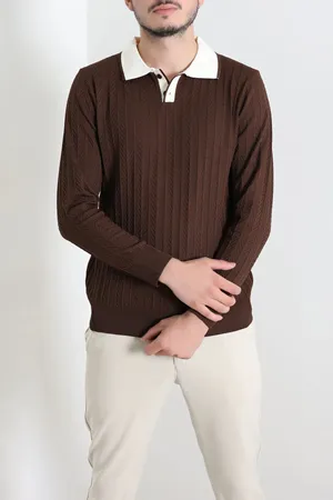 Yaka Garnili Erkek Triko Sweat Kahve