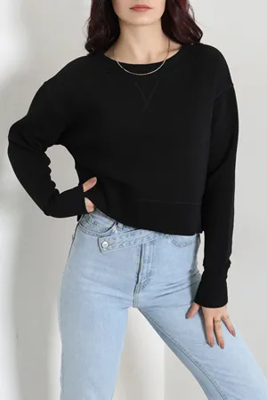 Kadın 3 İplik Penye Kompakt Şardonlu Sweat Siyah