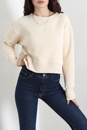 Kadın 3 İplik Penye Kompakt Şardonlu Sweat Bej