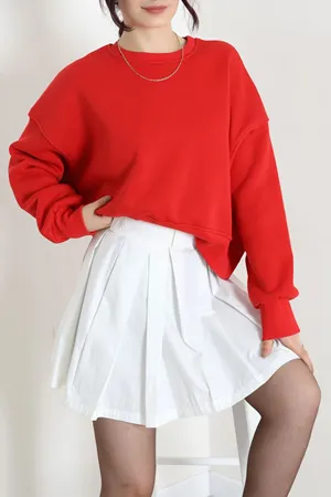 Kadın Oversize 3 İplik Şardonlu Sweat Kırmızı