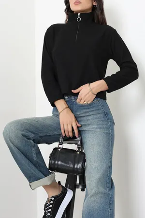 Kadın Selanik Fermuarlı Gömlek Yaka Sweatshirt Siyah
