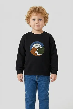 Şardonlu Erkek Çocuk Nakışlı Sweat Siyah