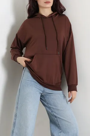 Kadın 2 İplik Kapşonlu Kanguru Cepli Sweat Açıkkahve