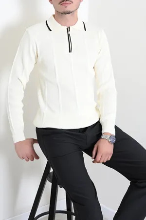 Çizgili Polo Yaka Erkek Triko Sweat Ekru