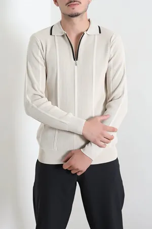 Çizgili Polo Yaka Erkek Triko Sweat Taş