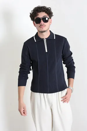 Çizgili Polo Yaka Erkek Triko Sweat Lacivert