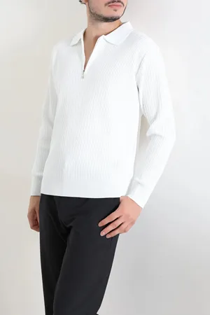 Fermuarlı Polo Yaka Erkek Triko Sweat Beyaz