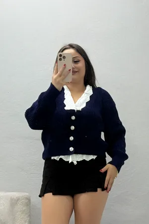 Kadın Bebe Yaka Dantelli Triko Hırka Lacivert