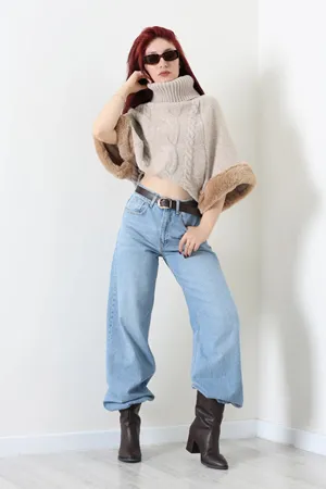 Kadın Peluşlu Yarasa Kol Panço Taş