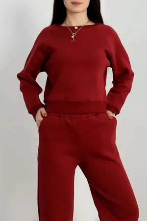 Kadın Bisiklet Yaka 3 İplik Sweat Bordo