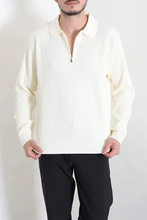 Fermuarlı Polo Yaka Erkek Triko Sweat Ekru