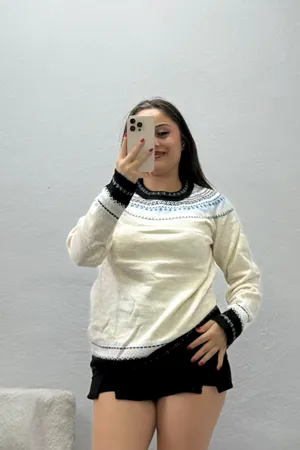 Kadın Desenli Triko Kazak Bejsiyah