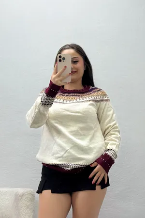 Kadın Desenli Triko Kazak Bejbordo