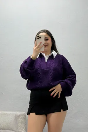 Kadın Gömlek Yaka Örgü Desen Triko Kazak Mor