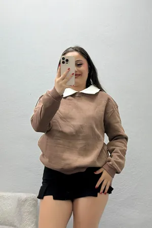 Kadın Gömlek Yaka 3 İplik Sweat Kahve