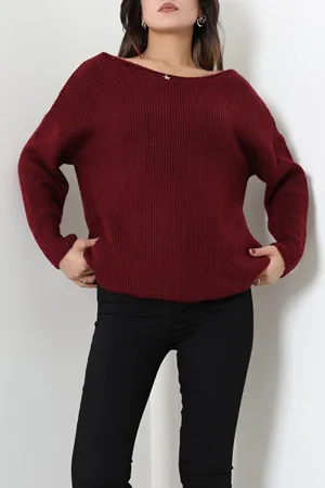 Kadın Düşük Kol Oversize Triko Kazak Bordo