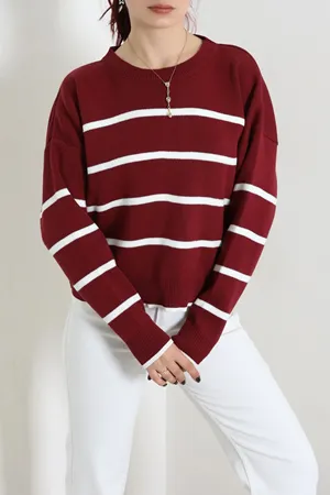 Kadın Çizgili Crop Triko Bordokemik