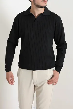 Polo Yaka Erkek Triko Sweat Siyah