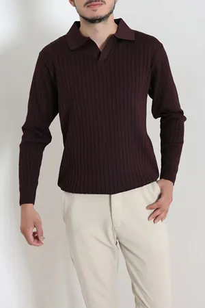 Polo Yaka Erkek Triko Sweat Mürdüm