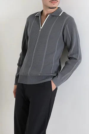 Çizgili Polo Yaka Erkek Triko Sweat Antrasit