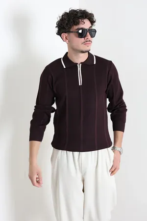Çizgili Polo Yaka Erkek Triko Sweat Mürdüm