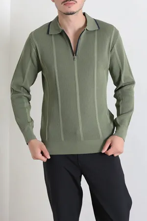 Çizgili Polo Yaka Erkek Triko Sweat Haki