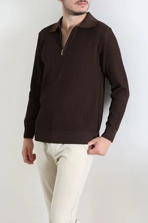 Fermuarlı Polo Yaka Erkek Triko Sweat Kahve