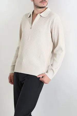 Fermuarlı Polo Yaka Erkek Triko Sweat Taş
