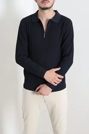 Fermuarlı Polo Yaka Erkek Triko Sweat Lacivert