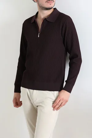 Fermuarlı Polo Yaka Erkek Triko Sweat Mürdüm