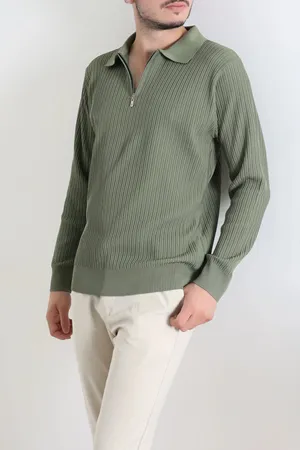 Fermuarlı Polo Yaka Erkek Triko Sweat Haki