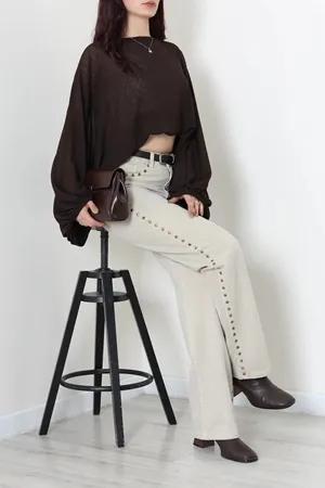 Kadın Zımbalı Straight Kot Pantolon Taş