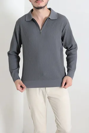Fermuarlı Polo Yaka Erkek Triko Sweat Antrasit