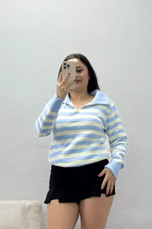 Kadın Polo Yaka Çizgili Triko Kazak Bebemaviekru