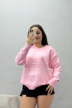 Kadın V Yaka Dantel Detaylı Triko Kazak Pembe