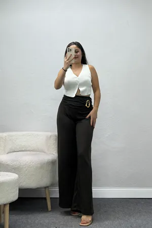 Kadın Modal Tokalı Pantolon Kahve