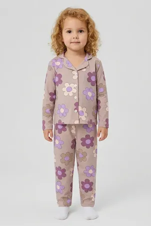Düğmeli Süprem Çocuk Pijama Takımı Vizon Model TV-97514
