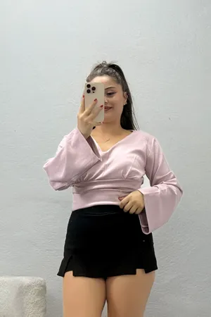 Kadın Belden Oturtmalı Kimono Kol Modal Bluz Pembe