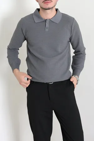 Düğmeli Polo Yaka Erkek Triko Sweat Antrasit