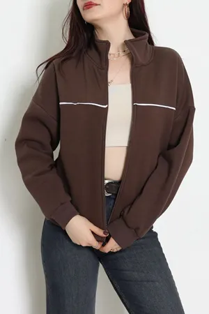 Kadın 3 İplik Kompakt Oversize Biye Detaylı Sweat Kahve