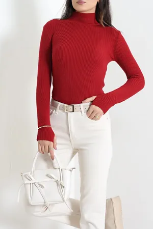 Kadın Dik Yaka Parmak Geçmeli Triko Body Kırmızı