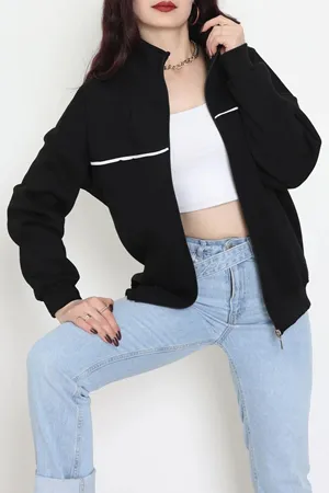 Kadın 3 İplik Kompakt Oversize Biye Detaylı Sweat Siyah