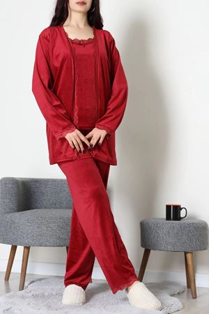 Kadın Fransız Kadife 3'Lü Set Takım Bordo