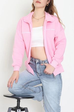 Kadın 3 İplik Kompakt Oversize Biye Detaylı Sweat Pembe