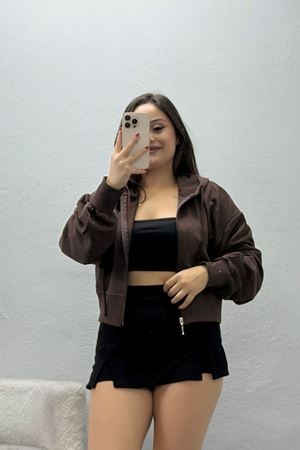 Kadın 3 İplik Şardonsuz Balon Kol Crop Sweat Açıkkahve